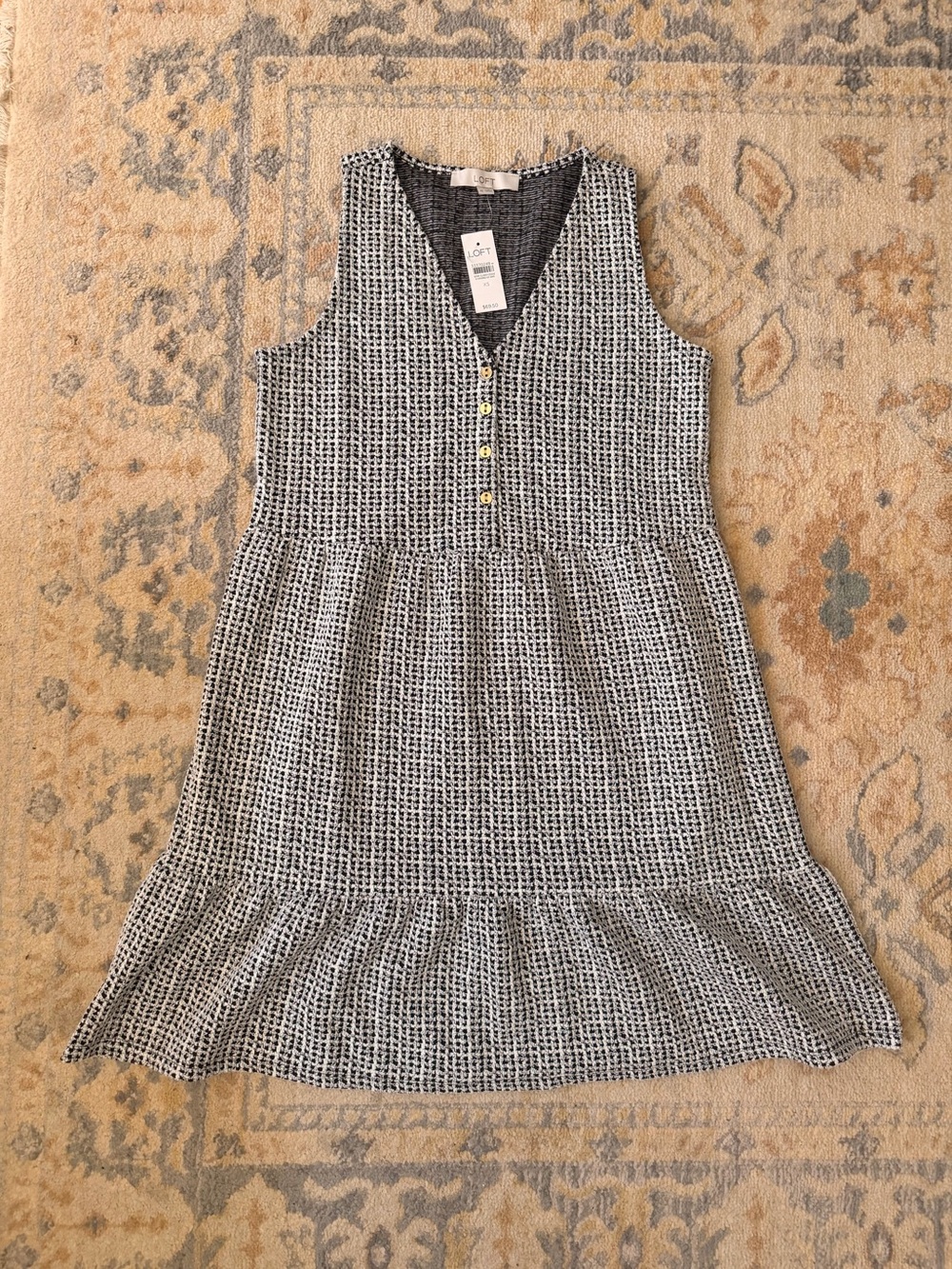 Loft Textured Button Front Flounce Sleeveless Dress NWT Size XS V Neck #preppy